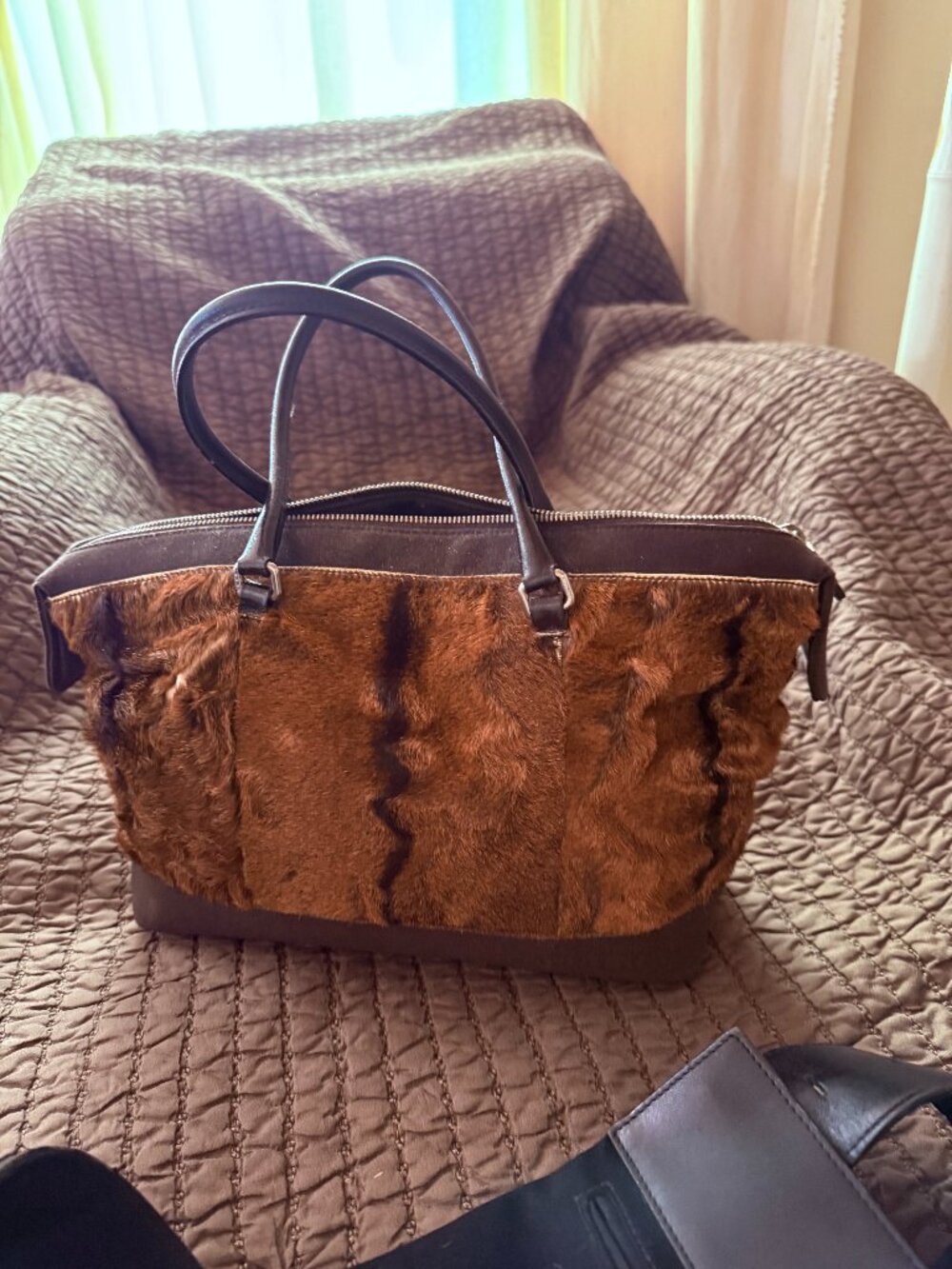 MIU MIU Hair On Vintage Handbag with Leather Handles and Fabric bottom and top